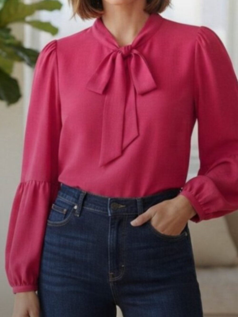 CeCe Fuchsia Tie Neck Puff Sleeve Blouse Size M
